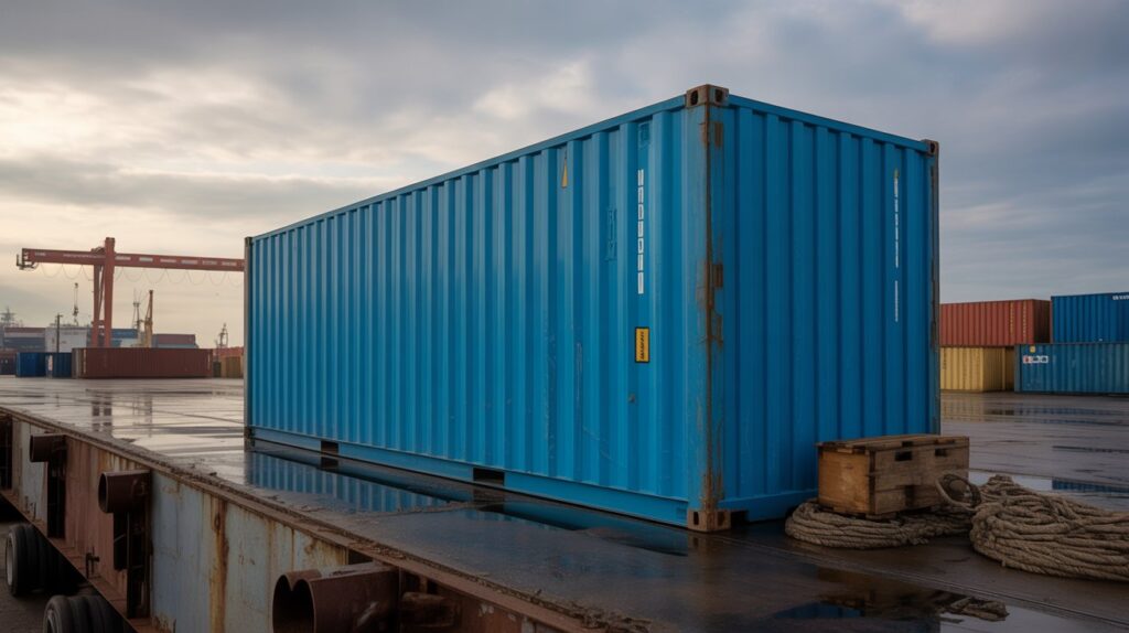 Estimating Shipping Containers Needed for a Four-Bedroom House a new blue shipping container on a loading dock or ship yard