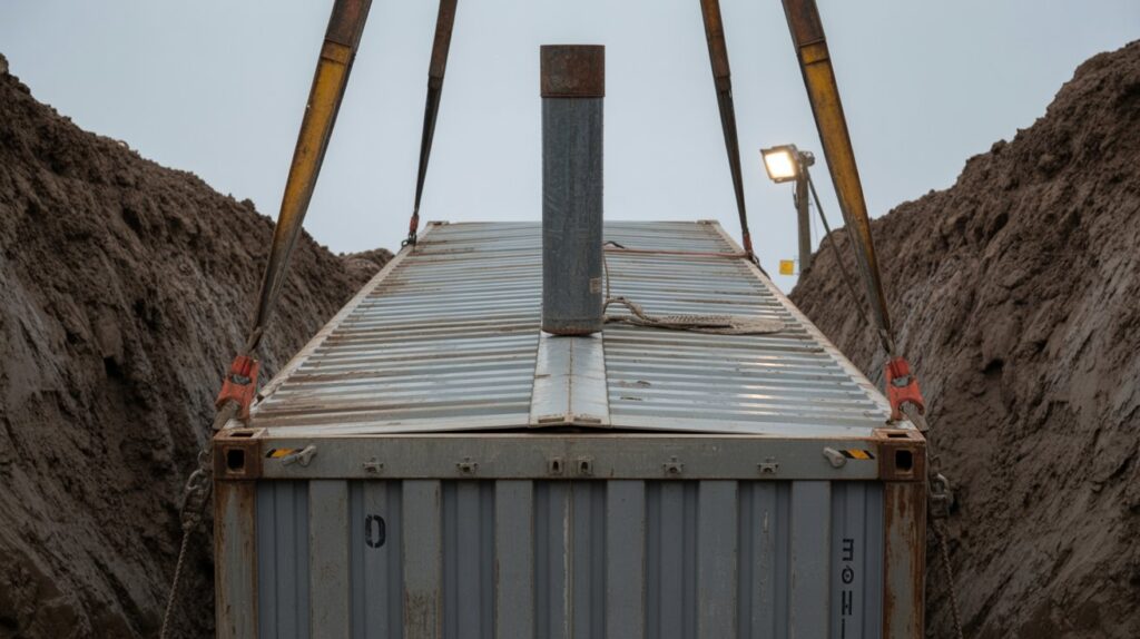 A photograph of a large, weathered shipping container being carefully lowered into a deep, muddy trench by a heavy-duty crane. The corrugated metal container has a flat roof, also made of corrugated metal, and a central vertical cylindrical pipe extending upwards, suggesting ventilation or access. A single work light illuminates the scene, casting long shadows from the container and crane, highlighting the raw texture of the metal against the damp earth of the trench. The sky is overcast, adding a sense of industrial scale and purposeful construction to the scene.