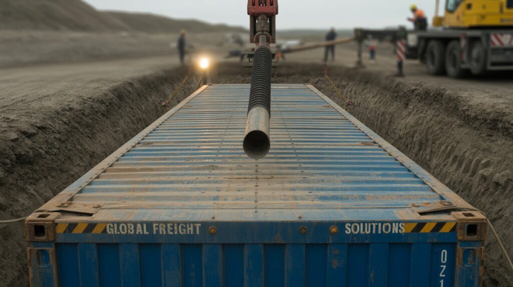 Cost Considerations for Building a Shipping Container Bunker A photograph of a massive corrugated steel shipping container being carefully lowered into a deep, muddy trench by a large crane. The container is a faded ocean blue, its surface marked with faint, weathered markings reading “"GLOBAL FREIGHT SOLUTIONS"” and its flat roof is seamlessly covered with matching corrugated metal. A thick, black ventilation pipe rises vertically from the center of the roof, leading upwards and out of frame, while a single floodlight illuminates the scene from the side, casting long shadows within the trench. The background is blurred showing construction workers and heavy machinery suggesting a large-scale engineering project.