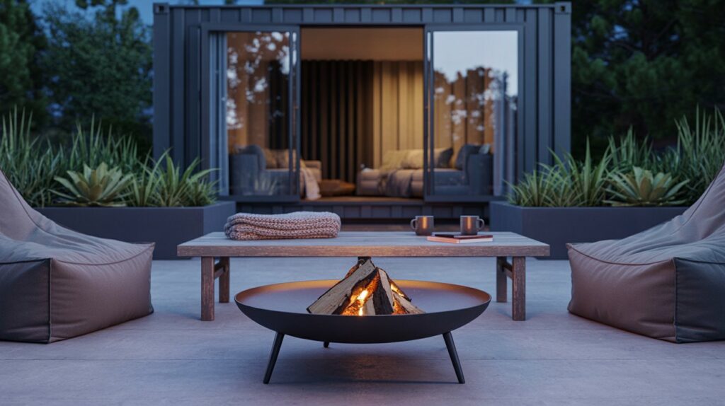A minimalist fire pit with sleek, black metal design sits on a concrete patio adjacent to a modern shipping container home with large glass doors. Surrounding the fire pit are comfy bean bag chairs and a low wooden coffee table with mugs and blankets. Soft outdoor lighting highlights the clean lines of the container home, while tall grasses and succulents in planters add natural texture. The scene feels calm and inviting on a crisp evening with a clear starry sky.