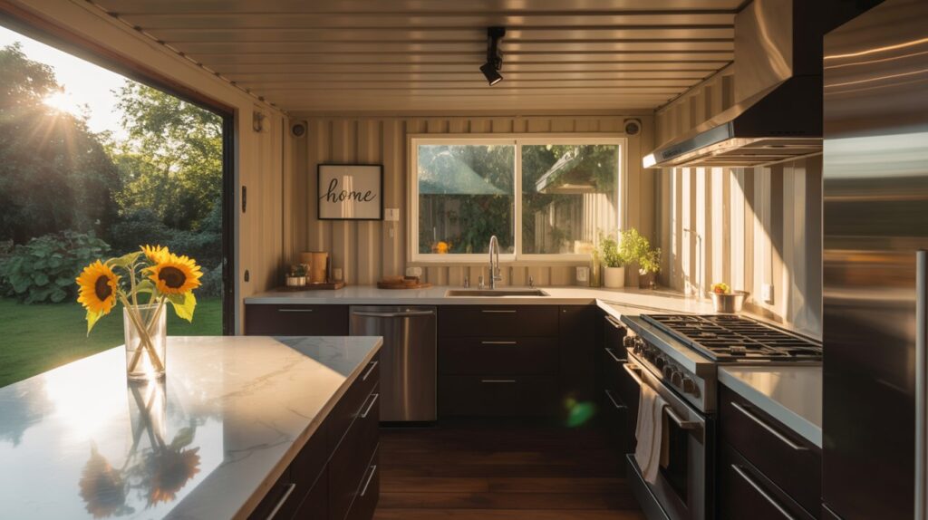 A solar-powered container kitchen, bathed in warm afternoon light. In the foreground, a sleek modern kitchen setup with stainless steel appliances and countertops. Midsection features a rooftop solar array, seamlessly integrated into the container's design. The background showcases the container's exterior, with crisp lines and a minimalist aesthetic. Lens flare and depth of field create a sense of depth and atmosphere. The overall mood is one of efficiency, sustainability, and effortless functionality. A photograph of a modern kitchen inside a converted shipping container. The kitchen features sleek, minimalist cabinetry made of light wood, a stainless steel countertop, and a dark gray backsplash with subtle geometric patterns, with a small sign reading "“Coastal Bites”" hanging above the sink. Large windows offer a view of a serene turquoise ocean, while a potted olive tree sits in a corner, adding a touch of greenery. Soft, natural light streams in, illuminating the clean lines and creating a bright, airy atmosphere.