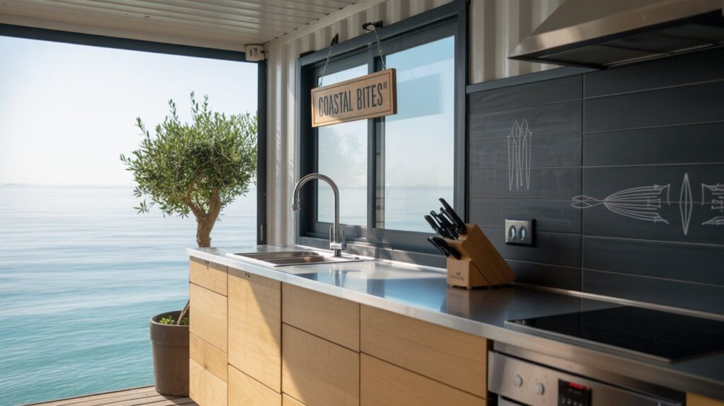 A well-lit, high-quality photograph of an assortment of durable, stylish materials and finishes for a shipping container kitchen, arranged on a clean white backdrop. In the foreground, various metal hardware components like handles, hinges, and faucets gleam under soft, directional lighting. In the middle ground, smooth wooden surfaces like butcher block countertops and paneled cabinet doors provide warm, natural accents. In the background, sturdy concrete tiles, brushed stainless steel appliances, and other utilitarian elements convey an atmosphere of industrial chic and practical functionality. The overall composition highlights the juxtaposition of rugged and refined, creating a visually compelling representation of the materials and finishes that could be used to design the ultimate shipping container kitchen. A photograph of a modern kitchen inside a converted shipping container. The kitchen features sleek, minimalist cabinetry made of light wood, a stainless steel countertop, and a dark gray backsplash with subtle geometric patterns, with a small sign reading "“Coastal Bites”" hanging above the sink. Large windows offer a view of a serene turquoise ocean, while a potted olive tree sits in a corner, adding a touch of greenery. Soft, natural light streams in, illuminating the clean lines and creating a bright, airy atmosphere.