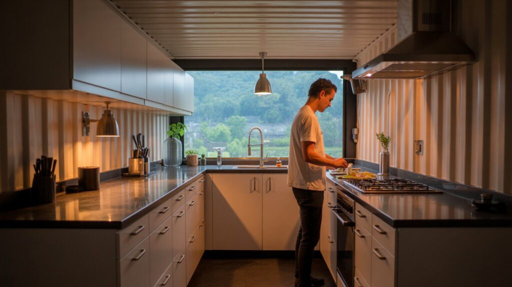 A photograph of a modern kitchen inside a converted shipping container. The kitchen features sleek, minimalist cabinetry made of light wood, a stainless steel countertop, and a dark gray backsplash with subtle geometric patterns, with a small sign reading "“Coastal Bites”" hanging above the sink. Large windows offer a view of a serene turquoise ocean, while a potted olive tree sits in a corner, adding a touch of greenery. Soft, natural light streams in, illuminating the clean lines and creating a bright, airy atmosphere.