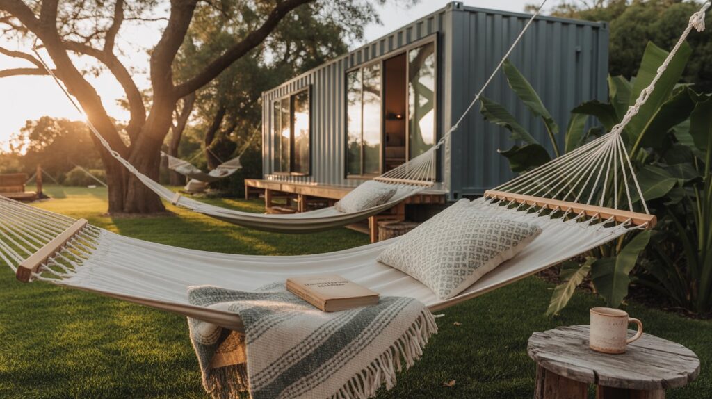 Creating Serenity: Add Relaxing Hammocks Around Your Shipping Container Home A photograph of a modern shipping container home nestled amongst lush greenery, evoking a tranquil and minimalist aesthetic. The home is painted a soft grey and features large windows showcasing a glimpse of the interior, with several woven hammocks gently swaying between tall birch trees and weathered wooden posts, each adorned with plush throw blankets and patterned pillows. A ceramic mug rests on a small wooden table beside one hammock, and a well-worn book lies open on another, hinting at peaceful relaxation. Warm golden-hour sunlight filters through the leaves, casting long shadows across the scene and creating a serene, natural ambiance.