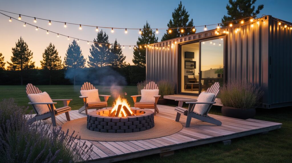 A minimalist fire pit with sleek, black metal design sits on a concrete patio adjacent to a modern shipping container home with large glass doors. Surrounding the fire pit are comfy bean bag chairs and a low wooden coffee table with mugs and blankets. Soft outdoor lighting highlights the clean lines of the container home, while tall grasses and succulents in planters add natural texture. The scene feels calm and inviting on a crisp evening with a clear starry sky.