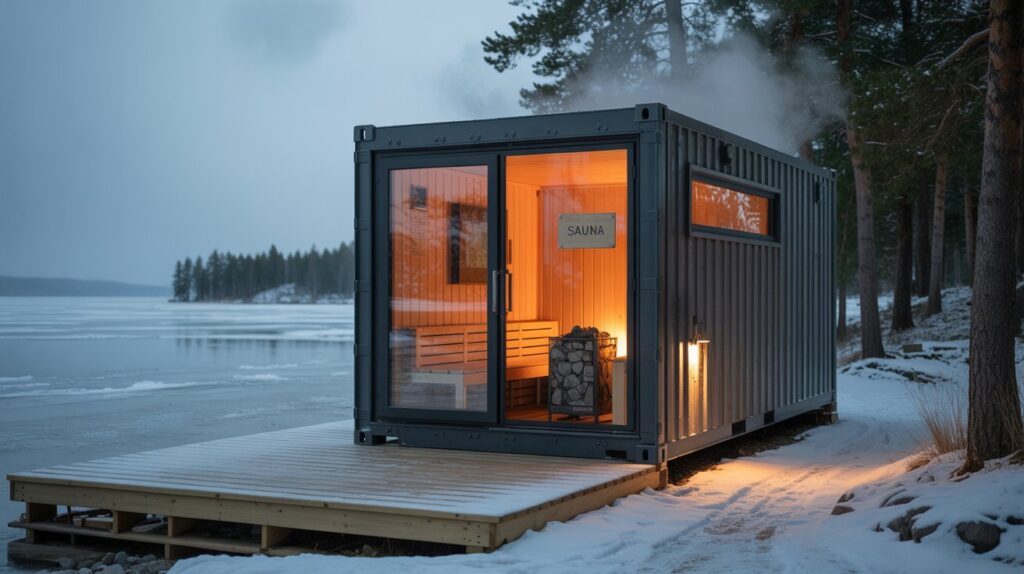 Building a Sauna from a Shipping Container A photograph of a repurposed shipping container transformed into a modern sauna, positioned on a snow-covered wooden deck overlooking a frozen lake. The container's exterior is clad in dark grey wood planks with a single glass door, and steam subtly vents from underneath. Inside, warm amber light glows through the glass, illuminating the wooden benches and stone heater, with a small sign reading "“SAUNA”" visible above the door. A dusting of snow covers the deck and the surrounding pine trees, creating a tranquil winter scene under a soft overcast sky.