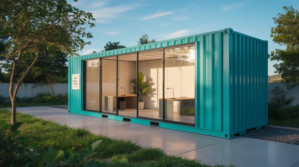 A photograph of a repurposed shipping container transformed into a modern commercial office space. The container, painted a vibrant teal blue, sits nestled within a lush urban garden, with large panoramic windows revealing a minimalist interior filled with natural light. A sign above the doorway reads "CREATIVE SOLUTIONS" in a clean, sans-serif font, while potted plants and climbing vines adorn the exterior. Soft morning sunlight illuminates the scene, casting long shadows and creating a serene and inviting atmosphere.