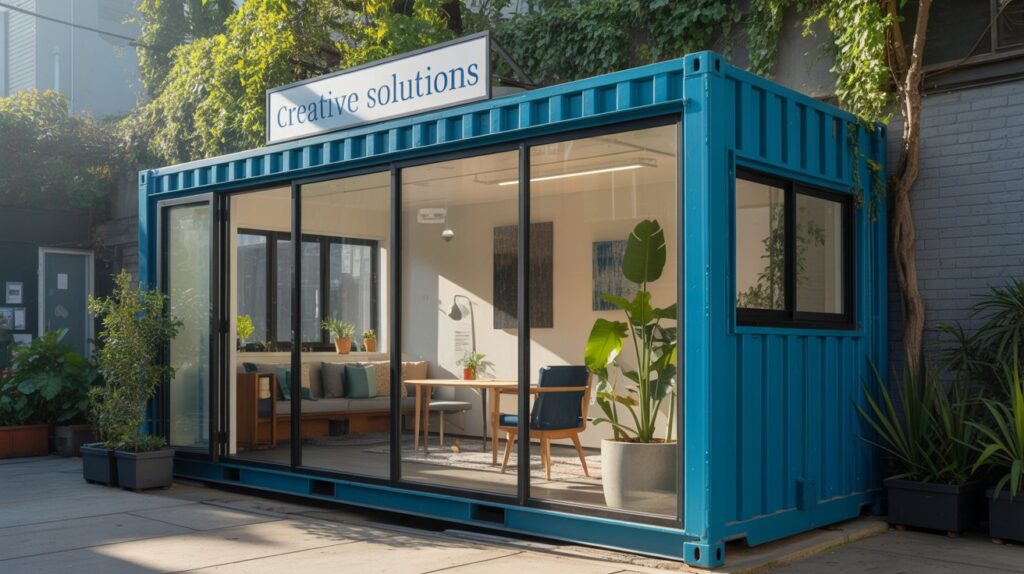 A photograph of a repurposed shipping container transformed into a modern commercial office space. The container, painted a vibrant teal blue, sits nestled within a lush urban garden, with large panoramic windows revealing a minimalist interior filled with natural light. A sign above the doorway reads "CREATIVE SOLUTIONS" in a clean, sans-serif font, while potted plants and climbing vines adorn the exterior. Soft morning sunlight illuminates the scene, casting long shadows and creating a serene and inviting atmosphere.