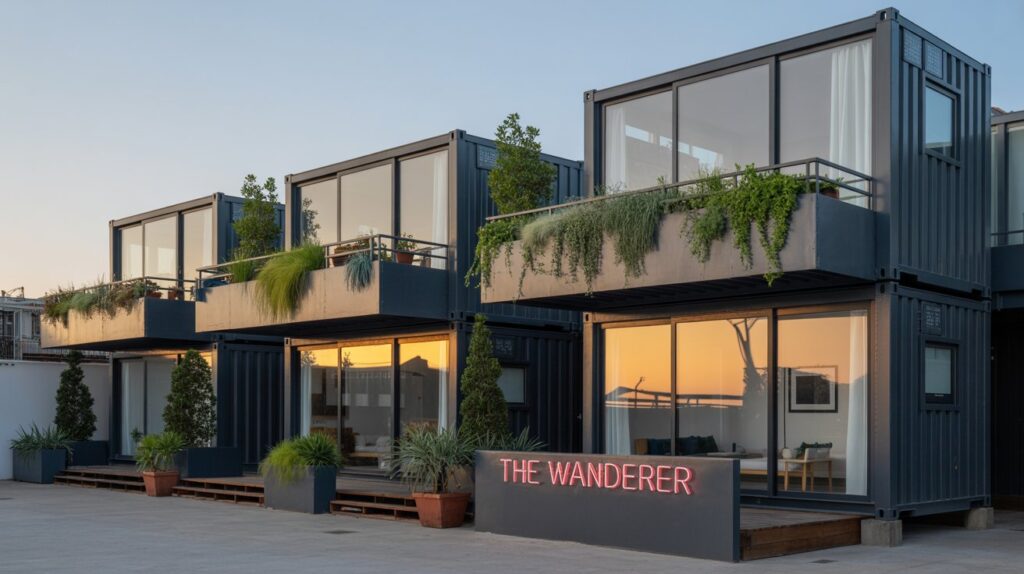 Innovative Living: The Rise of Shipping Container Apartments A photograph of a sleek, multi-level shipping container apartment complex bathed in the warm glow of the late afternoon sun. The structure features three interconnected containers painted a matte charcoal grey, with large panoramic windows offering glimpses of minimalist, modern interiors. Balconies with vibrant green planters extend from each level, creating a visually appealing contrast against the industrial backdrop. In the foreground, a single neon sign reads "The Wanderer" and a scattering of potted trees adds a touch of urban greenery.