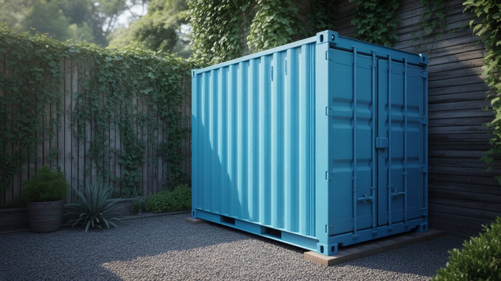 micro shipping container custom solutions a small freshly painted, new shipping container at a dock, home or backyard. no words on the shipping container