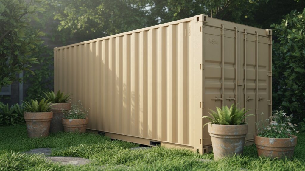 small container delivery A photograph of a small, newly painted beige shipping container sitting in a lush, overgrown backyard. The container is pristine with a slightly textured matte finish, positioned diagonally on a patch of vibrant green grass. Scattered around the base are several weathered terracotta pots filled with ferns and wildflowers, partially obscuring the container's lower edge. Soft, diffused sunlight filters through the surrounding trees, casting gentle shadows and highlighting the container's clean lines.