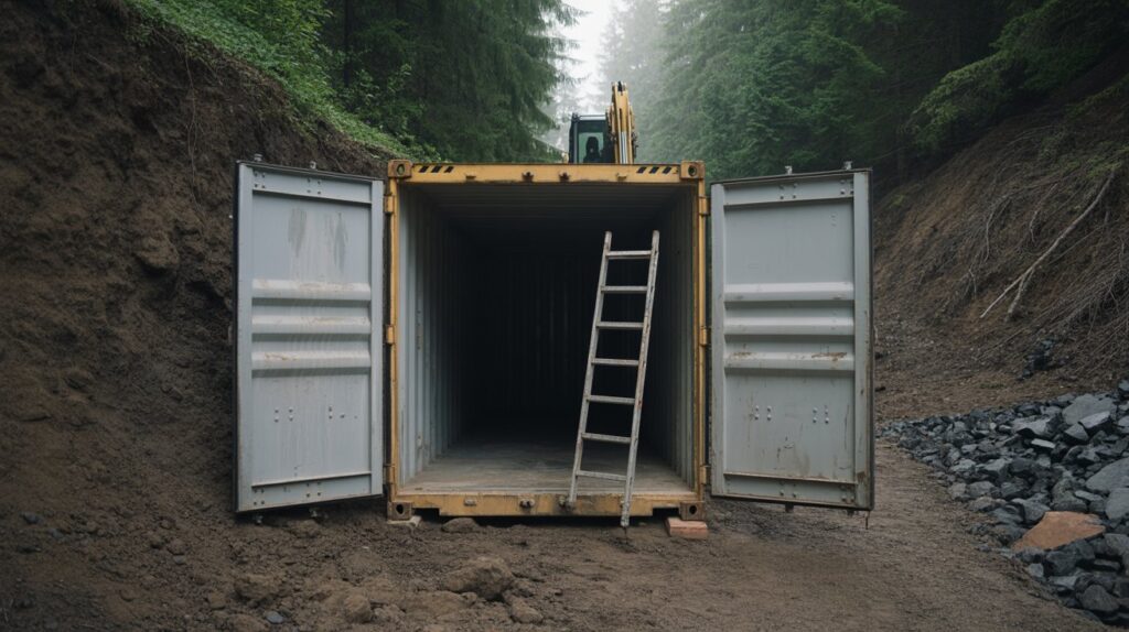 Cost Considerations for Building a Shipping Container Bunker A photograph of a weathered, gray shipping container partially embedded in a steep, earthy hillside. The container's massive metal doors are swung open, revealing a dark interior and a sturdy metal ladder leaning inside, hinting at hidden access. Loose, dark brown soil and scattered rocks frame the container, while in the distant upper right corner, a portion of a yellow excavator blade peeks through a dense backdrop of evergreen trees. Soft, diffused daylight illuminates the scene, creating a sense of quiet seclusion and an intriguing, clandestine construction project.