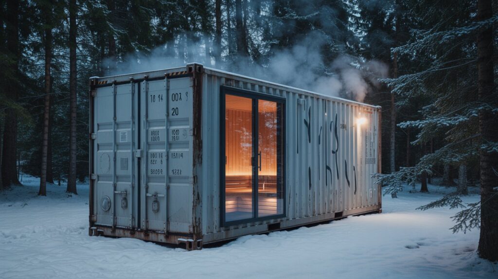 Building a Sauna from a Shipping Container A photograph of a weathered shipping container repurposed into a modern sauna nestled within a snow-covered forest. The container’s exterior retains faded nautical markings, contrasting with a minimalist glass door revealing the warm interior glow. Steam gently escapes from vents along the container’s sides, partially obscuring the surrounding frosted pine trees and a blanket of pristine white snow. Soft, ambient light illuminates the sauna's interior, creating a tranquil and inviting atmosphere.