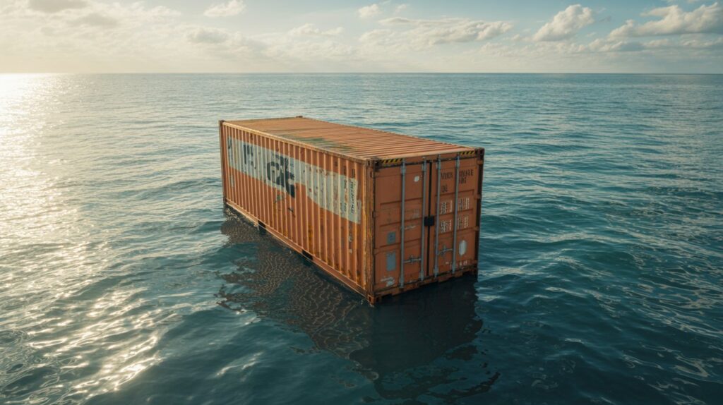 Why Do Shipping Containers Float on Water A photograph of a weathered, turquoise shipping container adrift on a calm, cerulean ocean. The container is partially submerged, with barnacles clinging to its rusted exterior and sunlight glinting off its surface. Gentle waves lap against its sides, and a few seagulls circle overhead, their wings catching the light. The sky is clear with scattered fluffy white clouds creating a peaceful, slightly melancholic atmosphere.