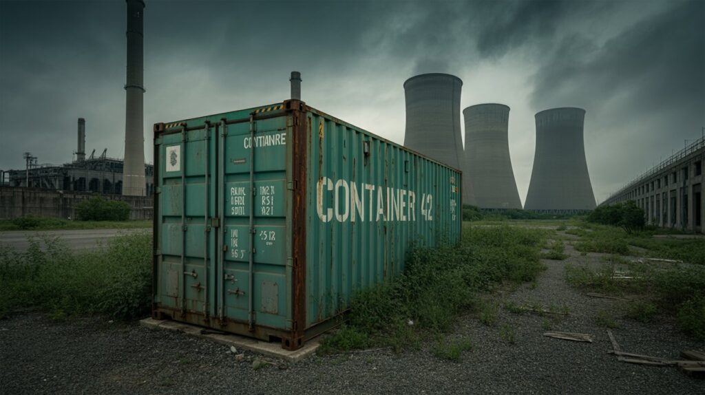 Why Are Container Walls Corrugated A photograph of a weathered shipping container standing prominently within the sprawling grounds of a decommissioned power plant. The container is painted a faded teal color with remnants of "CONTAINER 42" stenciled across its side, showing signs of rust and age. Surrounding the container are overgrown weeds and scattered debris, leading towards a series of towering, skeletal cooling towers silhouetted against a stormy grey sky. The scene is bathed in the diffused light of an overcast afternoon, lending a melancholic and industrial atmosphere.