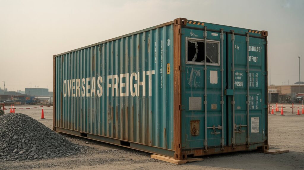 Why Are Container Walls Corrugated A photograph of a weathered shipping container standing prominently on a bustling construction site. The container is a faded teal color with visible rust streaks and faded "OVERSEAS FREIGHT" stenciled across its side in white. Dust and grime coat the surface, suggesting prolonged exposure to the elements, and a single, cracked window reveals a glimpse of darkness within. Scattered around the base are piles of gravel and orange safety cones under a hazy, overcast sky.