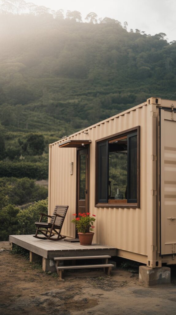 A photograph of a freshly painted shipping container home nestled against a backdrop of lush green hills. The container is painted a soft beige and features a single, large window with a dark wooden frame, and a small porch with a wooden rocking chair. A single potted plant with vibrant red flowers sits on the porch, adding a pop of color. Soft, diffused sunlight illuminates the scene, creating a peaceful and inviting atmosphere.