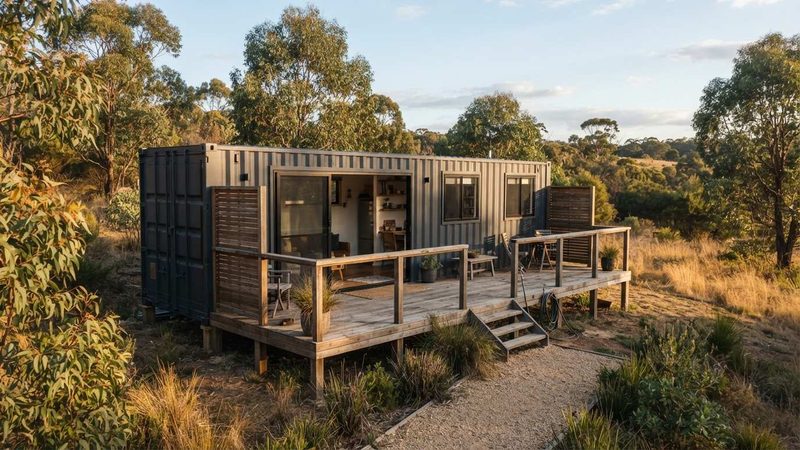 Single shipping container home with long-wall timber deck, sliding glass door open, eucalyptus trees, Australian bush setting at golden hour