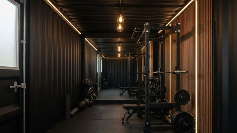 Interior of a luxury shipping container home gym with corrugated steel ceiling, LED strip lighting, wood slat accent wall, power rack with barbell, and rubber floor tiles