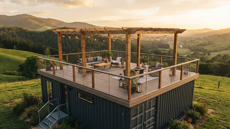 Rooftop deck on a shipping container home with cable railings, pergola, string lights, and mountain views at golden hour