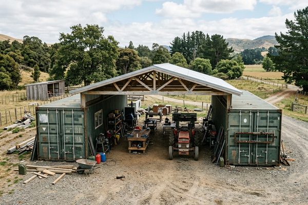 Two parallel shipping containers with gabled roof forming a working workshop with tractor and equipment