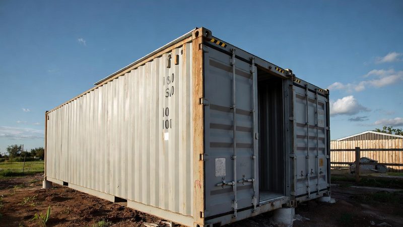 40-foot shipping container on concrete pier foundation ready for conversion