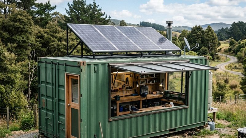 Green shipping container off-grid workshop with solar panels on the roof, side panel open showing tools and workbench, rural New Zealand hillside