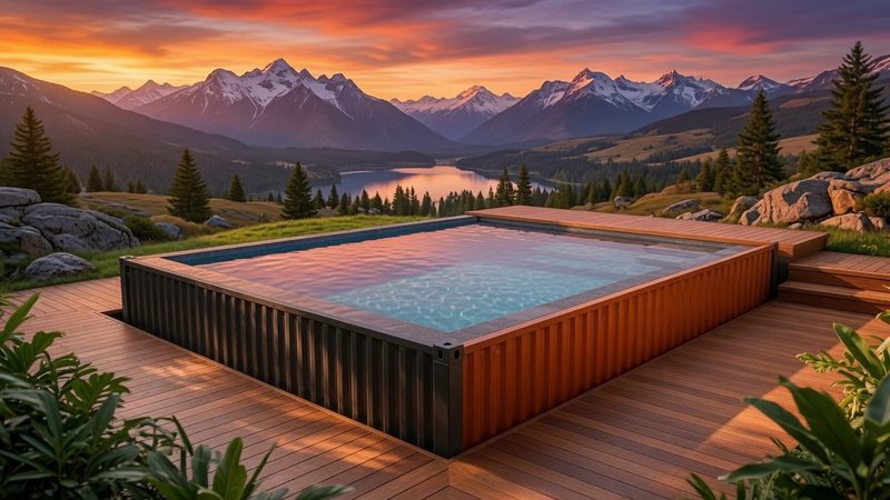 Shipping container swimming pool with wood deck surround and mountain sunset backdrop