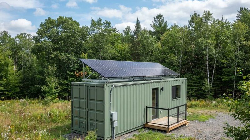 Green shipping container home with tilted solar panels on the roof, surrounded by trees and wildflowers
