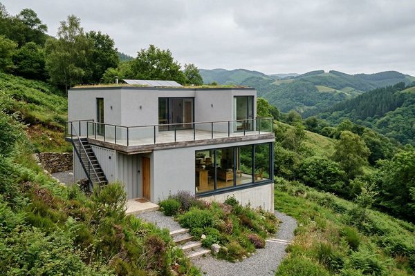 Two-story container home with rendered facade on a green hillside with valley views