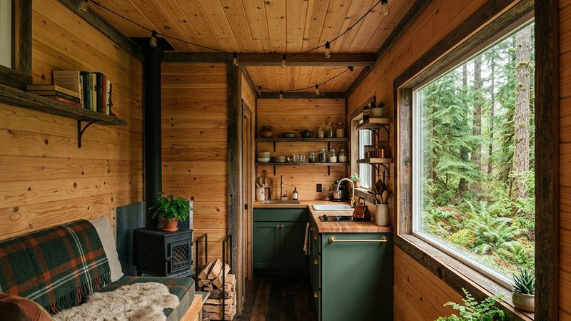 Interior of a small container home with tongue and groove pine ceiling, wood stove, green cabinets, and Pacific Northwest forest view