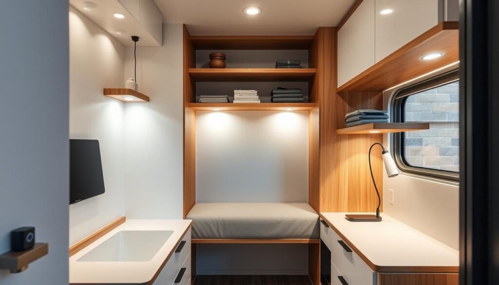 A contemporary small-space storage solution with innovative built-in shelving, nooks, and compartments. A sleek, minimalist aesthetic with clean lines and natural wood accents. Seamless integration of smart home technology like voice-controlled lighting, temperature sensors, and wireless charging stations. Soft, indirect lighting casts a warm, cozy glow over the efficient, multifunctional design. Captured from a slightly elevated angle to showcase the clever, space-saving layout and compact footprint. The image conveys a sense of modern, user-friendly living in a compact, sustainable container home environment. A contemporary small-space storage solution with innovative built-in shelving, nooks, and compartments. A sleek, minimalist aesthetic with clean lines and natural wood accents. Seamless integration of smart home technology like voice-controlled lighting, temperature sensors, and wireless charging stations. Soft, indirect lighting casts a warm, cozy glow over the efficient, multifunctional design. Captured from a slightly elevated angle to showcase the clever, space-saving layout and compact footprint. The image conveys a sense of modern, user-friendly living in a compact, sustainable container home environment.