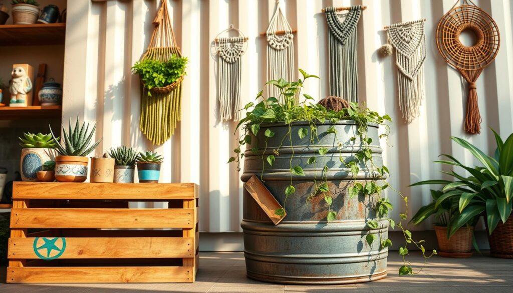 A cozy DIY container home decor scene, showcasing budget-friendly art projects. In the foreground, a rustic wooden crate or pallet, adorned with hand-painted designs, potted succulents, and repurposed trinkets. In the middle ground, a weathered metal container or barrel, transformed into a unique planter, surrounded by vibrant, trailing vines. The background features a neutral-toned shipping container wall, with DIY macrame or string art installations adding pops of texture and color. Warm, natural lighting filters through the scene, creating a inviting, relaxed atmosphere. Captured at a low angle to emphasize the handcrafted, homespun aesthetic.