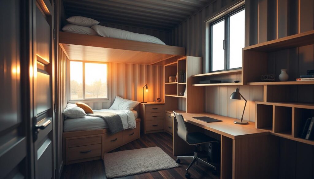 A cozy and efficient shipping container bedroom, the afternoon sun streaming through large windows. In the foreground, a cleverly designed loft bed maximizes vertical space, with built-in storage underneath. The middle ground features a minimalist desk and chair, the desktop clean and uncluttered. Warm lighting illuminates the space, casting a soft glow. The background showcases clever shelving and compartments built into the container walls, neatly organizing personal items. The overall atmosphere is one of calm, comfortable practicality - a well-designed, space-saving sanctuary. A cozy and efficient shipping container bedroom, the afternoon sun streaming through large windows. In the foreground, a cleverly designed loft bed maximizes vertical space, with built-in storage underneath. The middle ground features a minimalist desk and chair, the desktop clean and uncluttered. Warm lighting illuminates the space, casting a soft glow. The background showcases clever shelving and compartments built into the container walls, neatly organizing personal items. The overall atmosphere is one of calm, comfortable practicality - a well-designed, space-saving sanctuary.