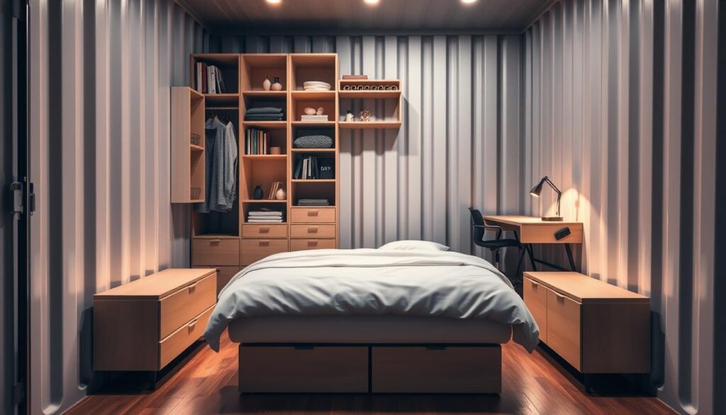 A cozy and functional container bedroom with innovative space-saving furniture. In the foreground, a compact modern bed with built-in storage drawers beneath. In the middle ground, a modular shelving unit with adjustable compartments for clothes, books, and decor. Flanking the bed, slim nightstands with integrated charging ports and task lighting. In the background, a foldable desk and chair set against the container's metal walls, optimizing the limited floor space. Warm, indirect lighting subtly illuminates the scene, creating a soothing, minimalist atmosphere. The furniture's clean lines and neutral tones complement the industrial aesthetic of the container home. A cozy and functional container bedroom with innovative space-saving furniture. In the foreground, a compact modern bed with built-in storage drawers beneath. In the middle ground, a modular shelving unit with adjustable compartments for clothes, books, and decor. Flanking the bed, slim nightstands with integrated charging ports and task lighting. In the background, a foldable desk and chair set against the container's metal walls, optimizing the limited floor space. Warm, indirect lighting subtly illuminates the scene, creating a soothing, minimalist atmosphere. The furniture's clean lines and neutral tones complement the industrial aesthetic of the container home.