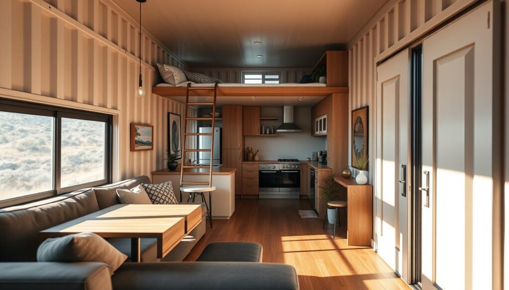 A cozy and functional container home interior, bathed in warm, natural lighting from large windows. In the foreground, a multifunctional modular sofa system with hidden storage compartments and a fold-out dining table. Suspended from the ceiling, a space-saving loft bed with a minimalist ladder. Across the room, a compact kitchenette with sleek, integrated appliances. The middle ground showcases built-in shelving and cabinets, maximizing vertical space. Decorative elements like potted plants and wall-mounted artwork create a homey, welcoming atmosphere. Captured at a slight angle to showcase the open-concept layout and efficient use of the container's dimensions. A cozy and functional container home interior, bathed in warm, natural lighting from large windows. In the foreground, a multifunctional modular sofa system with hidden storage compartments and a fold-out dining table. Suspended from the ceiling, a space-saving loft bed with a minimalist ladder. Across the room, a compact kitchenette with sleek, integrated appliances. The middle ground showcases built-in shelving and cabinets, maximizing vertical space. Decorative elements like potted plants and wall-mounted artwork create a homey, welcoming atmosphere. Captured at a slight angle to showcase the open-concept layout and efficient use of the container's dimensions.