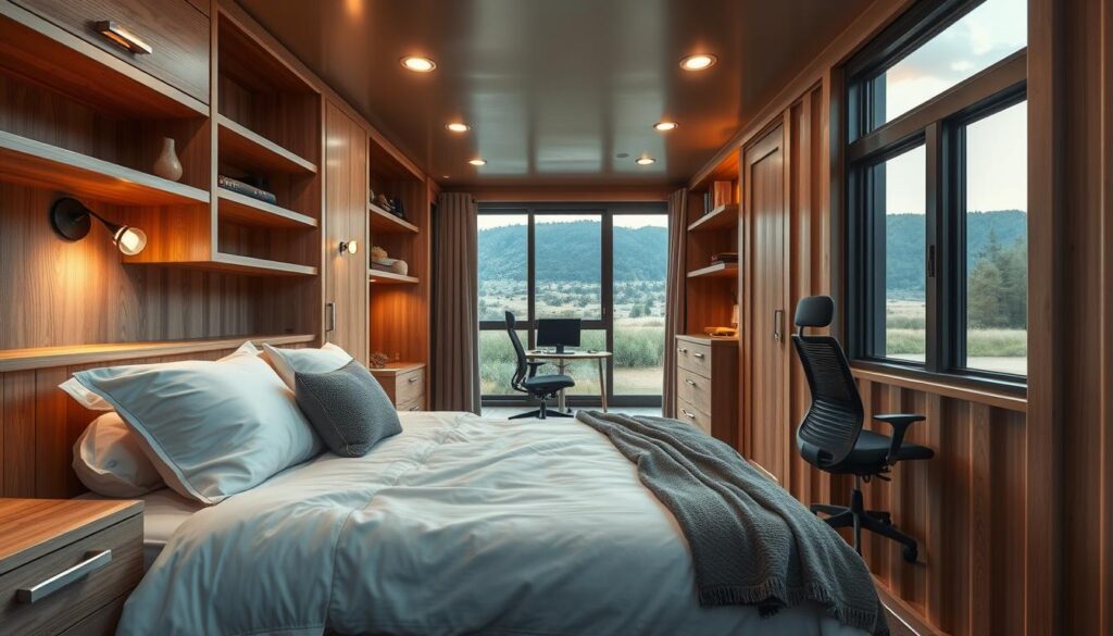 A cozy and functional shipping container bedroom, meticulously modified for livability. The foreground features a plush bed with fluffy pillows and a comfy blanket, surrounded by built-in storage units and bespoke shelving. Soft, warm lighting emanates from sconces and recessed fixtures, creating a soothing ambiance. The middle ground showcases a small work desk and ergonomic chair, optimized for productivity. The background reveals large windows overlooking a serene outdoor landscape, blending the interior with the natural world. The overall atmosphere evokes a sense of comfort, efficiency, and harmony within the compact, customized living space. A cozy and functional shipping container bedroom, meticulously modified for livability. The foreground features a plush bed with fluffy pillows and a comfy blanket, surrounded by built-in storage units and bespoke shelving. Soft, warm lighting emanates from sconces and recessed fixtures, creating a soothing ambiance. The middle ground showcases a small work desk and ergonomic chair, optimized for productivity. The background reveals large windows overlooking a serene outdoor landscape, blending the interior with the natural world. The overall atmosphere evokes a sense of comfort, efficiency, and harmony within the compact, customized living space.