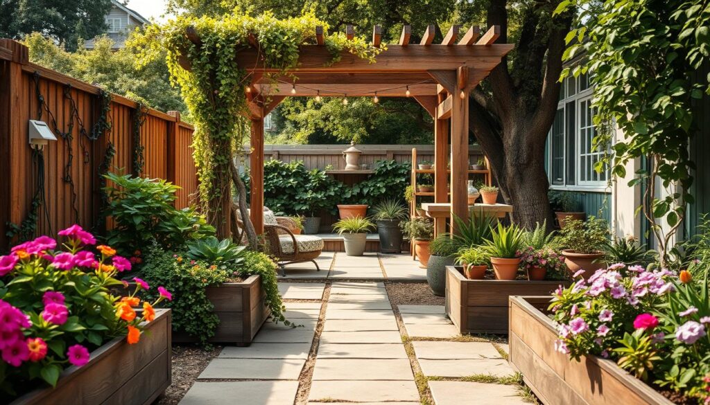 A cozy and welcoming container home garden design, featuring lush foliage and natural textures. In the foreground, raised garden beds overflow with vibrant flowers and trailing vines, surrounded by smooth stone pavers. The middle ground showcases a charming wooden pergola, draped with climbing vines and festive string lights, creating a warm, inviting atmosphere. Beyond, a mix of potted plants, decorative pots, and a small seating area nestled under the shade of a mature tree establish a serene, harmonious outdoor living space. The scene is bathed in soft, natural lighting, with a subtle vignette effect for a dreamy, picturesque look. A cozy and welcoming container home garden design, featuring lush foliage and natural textures. In the foreground, raised garden beds overflow with vibrant flowers and trailing vines, surrounded by smooth stone pavers. The middle ground showcases a charming wooden pergola, draped with climbing vines and festive string lights, creating a warm, inviting atmosphere. Beyond, a mix of potted plants, decorative pots, and a small seating area nestled under the shade of a mature tree establish a serene, harmonious outdoor living space. The scene is bathed in soft, natural lighting, with a subtle vignette effect for a dreamy, picturesque look.