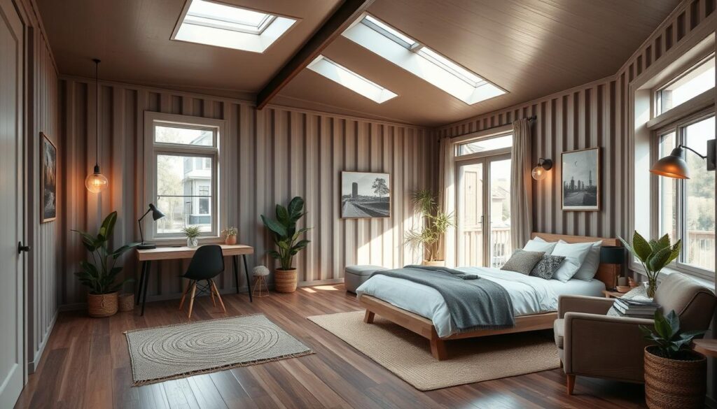 A cozy and well-designed loft bedroom in a modern shipping container home. The loft space is filled with natural light, pouring in through large windows and skylights. Minimalist yet stylish furniture includes a low platform bed, a wooden desk, and a comfortable armchair. The decor features earthy tones, natural textures like wood and woven rugs, and potted plants that bring the outdoors in. Warm lighting from pendant lamps and sconces creates a relaxing ambiance. The room's layout is open and airy, with the loft's high ceilings making the space feel expansive. Overall, a harmonious blend of functionality, comfort, and industrial-chic aesthetics. A cozy and well-designed loft bedroom in a modern shipping container home. The loft space is filled with natural light, pouring in through large windows and skylights. Minimalist yet stylish furniture includes a low platform bed, a wooden desk, and a comfortable armchair. The decor features earthy tones, natural textures like wood and woven rugs, and potted plants that bring the outdoors in. Warm lighting from pendant lamps and sconces creates a relaxing ambiance. The room's layout is open and airy, with the loft's high ceilings making the space feel expansive. Overall, a harmonious blend of functionality, comfort, and industrial-chic aesthetics.