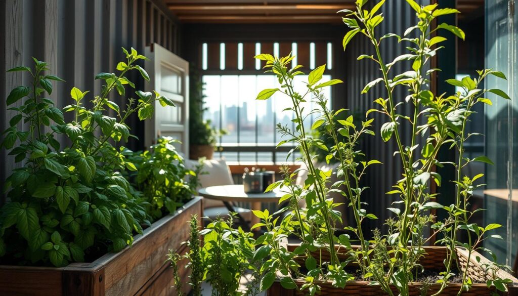 A cozy patio adorned with a thriving container garden, sunlight streaming in through the slats of a repurposed shipping container. In the foreground, lush green herb plants - basil, thyme, rosemary - swaying gently. Their fragrant leaves cast dancing shadows on the weathered wooden planters. In the middle ground, a small table topped with gardening tools and a basket overflowing with freshly harvested produce. The background reveals a glimpse of the city skyline, hinting at the urban setting. The scene exudes a sense of tranquility and self-sufficiency, capturing the joy of growing your own food in a compact, unconventional space. A cozy patio adorned with a thriving container garden, sunlight streaming in through the slats of a repurposed shipping container. In the foreground, lush green herb plants - basil, thyme, rosemary - swaying gently. Their fragrant leaves cast dancing shadows on the weathered wooden planters. In the middle ground, a small table topped with gardening tools and a basket overflowing with freshly harvested produce. The background reveals a glimpse of the city skyline, hinting at the urban setting. The scene exudes a sense of tranquility and self-sufficiency, capturing the joy of growing your own food in a compact, unconventional space.