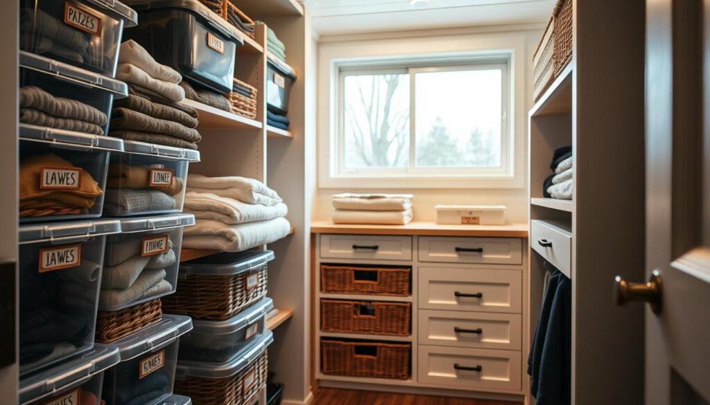 A cozy, well-organized container home closet showcasing seasonal storage solutions. In the foreground, neatly stacked clear plastic bins and labeled wicker baskets hold off-season clothes and linens. The middle ground features built-in shelves and drawers, optimizing vertical space. Efficient LED lighting casts a warm, inviting glow. In the background, a window offers a glimpse of the changing seasons outside, hinting at the need for versatile storage. The overall atmosphere is one of calm practicality, with each item thoughtfully arranged for maximum functionality within the limited confines of a container home. A cozy, well-organized container home closet showcasing seasonal storage solutions. In the foreground, neatly stacked clear plastic bins and labeled wicker baskets hold off-season clothes and linens. The middle ground features built-in shelves and drawers, optimizing vertical space. Efficient LED lighting casts a warm, inviting glow. In the background, a window offers a glimpse of the changing seasons outside, hinting at the need for versatile storage. The overall atmosphere is one of calm practicality, with each item thoughtfully arranged for maximum functionality within the limited confines of a container home.