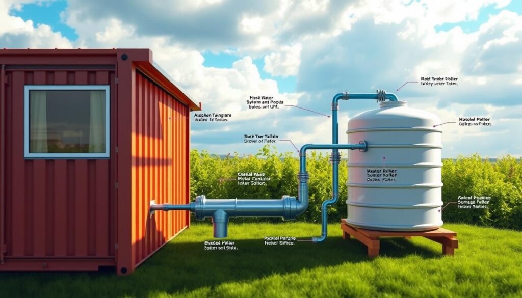 A detailed diagram of a rainwater harvesting system designed for a sustainable shipping container home. The foreground showcases the container's roof with gutters channeling water into a large storage tank. The middle ground features the tank's plumbing and filtration system, with technical labels explaining the key components. In the background, lush greenery and a bright, cloudy sky create a serene, eco-friendly atmosphere. The lighting is natural, with soft shadows and highlights accentuating the system's various elements. Rendered in a precise, technical style with a focus on functionality and efficiency, this image perfectly illustrates the "Designing Your Container Home for Optimal Rainwater Collection" section. A detailed diagram of a rainwater harvesting system designed for a sustainable shipping container home. The foreground showcases the container's roof with gutters channeling water into a large storage tank. The middle ground features the tank's plumbing and filtration system, with technical labels explaining the key components. In the background, lush greenery and a bright, cloudy sky create a serene, eco-friendly atmosphere. The lighting is natural, with soft shadows and highlights accentuating the system's various elements. Rendered in a precise, technical style with a focus on functionality and efficiency, this image perfectly illustrates the "Designing Your Container Home for Optimal Rainwater Collection" section.