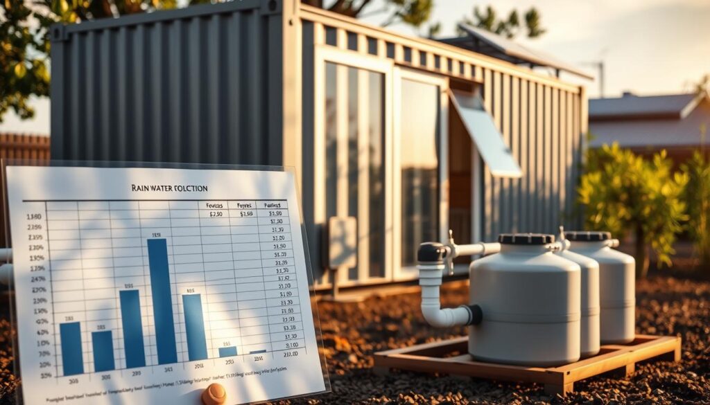 A detailed financial analysis of rainwater harvesting system costs, set against a backdrop of a modern, eco-friendly shipping container home. In the foreground, a spreadsheet or graph showcases the projected return on investment, with clear data visualizations. The middle ground features a partially assembled rainwater collection system, its components precisely detailed. In the background, the shipping container home stands, its solar panels and green roof elements emphasizing sustainable living. Soft, natural lighting filters through, casting warm shadows that accentuate the practical and cost-effective nature of this rainwater harvesting solution. A detailed financial analysis of rainwater harvesting system costs, set against a backdrop of a modern, eco-friendly shipping container home. In the foreground, a spreadsheet or graph showcases the projected return on investment, with clear data visualizations. The middle ground features a partially assembled rainwater collection system, its components precisely detailed. In the background, the shipping container home stands, its solar panels and green roof elements emphasizing sustainable living. Soft, natural lighting filters through, casting warm shadows that accentuate the practical and cost-effective nature of this rainwater harvesting solution.