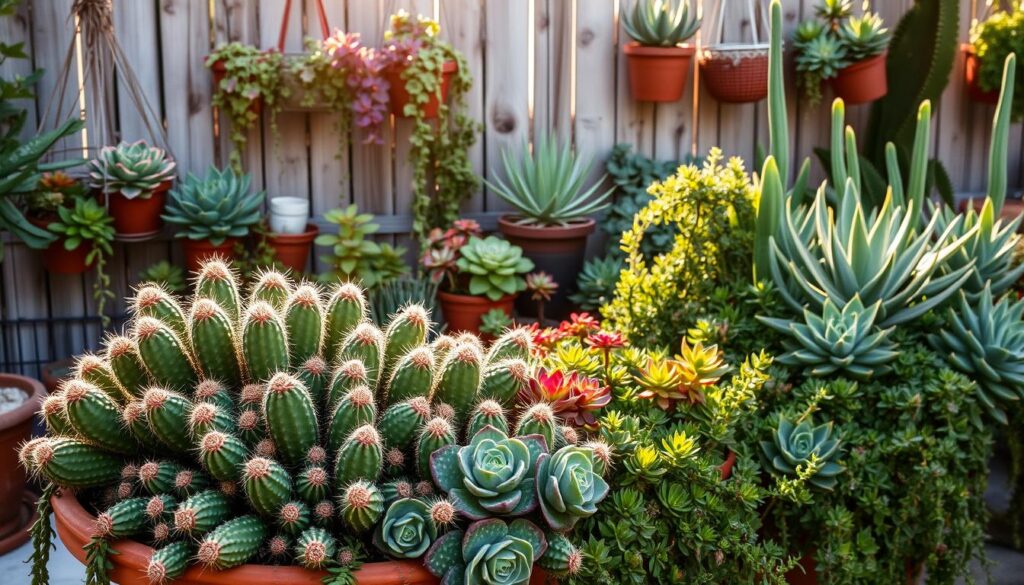 A lush, verdant container garden filled with drought-tolerant succulents and trailing vines, backlit by warm, golden-hour sunlight. In the foreground, a terracotta pot overflows with a variety of plump, vibrant cacti, their spines glistening. Beyond, a mix of low-growing, rosette-forming plants like echeveria and sedum cascade gracefully from hanging baskets and raised planters, their leaves shimmering in the soft, diffused light. The middle ground features larger, architectural succulents like agave and yucca, their sculptural forms casting dramatic shadows across the scene. In the background, a weathered, reclaimed wooden fence provides a rustic, natural backdrop, complementing the earthy, organic feel of the container garden.