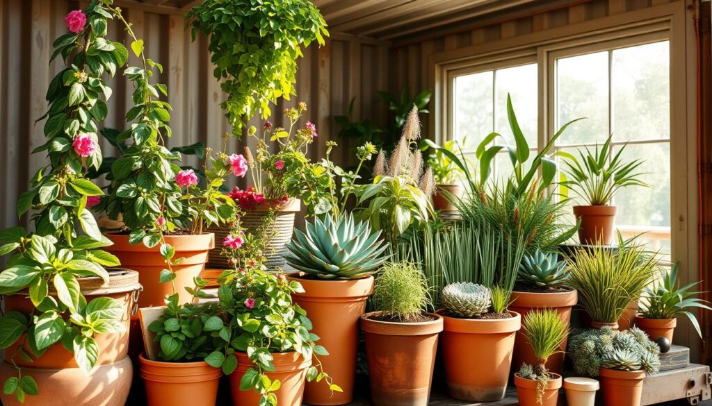 A lush, vibrant container garden brimming with thriving potted plants, artfully arranged in a sun-drenched shipping container home setting. In the foreground, a diverse collection of leafy greens, colorful florals, and trailing vines spill out of various terracotta and ceramic planters. The middle ground showcases a mix of potted succulents, herbs, and compact ornamental grasses, complementing the earthy tones of the weathered container walls. The background features a glimpse of the container's interior, bathed in warm, natural light streaming through large windows, creating a serene and inviting atmosphere. The overall composition exudes a sense of lively, low-maintenance indoor gardening that effortlessly brings the outdoors in.