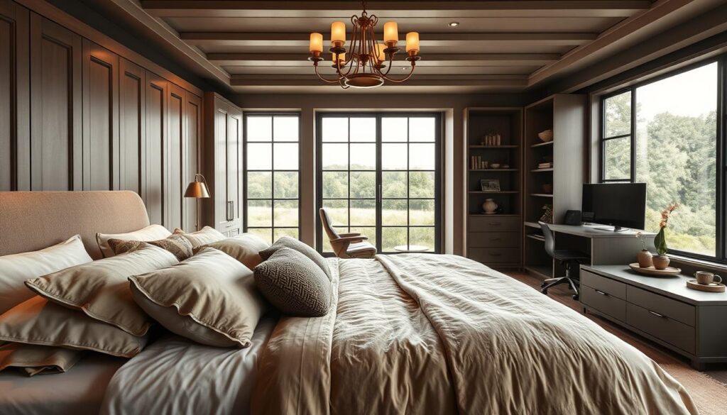 A luxurious, well-appointed container bedroom with a muted color palette and high-end finishes. The foreground features a plush, oversized king-sized bed adorned with rich, textured linens and an array of decorative pillows. Overhead, an elegant brass chandelier casts a warm, ambient glow. The middle ground showcases built-in cabinetry and shelving in a sleek, minimalist design, complemented by a stylish writing desk and ergonomic leather chair. In the background, large industrial-style windows flood the space with natural light, offering views of a lush, verdant landscape. The overall atmosphere exudes a sense of refined comfort and tranquility. A luxurious, well-appointed container bedroom with a muted color palette and high-end finishes. The foreground features a plush, oversized king-sized bed adorned with rich, textured linens and an array of decorative pillows. Overhead, an elegant brass chandelier casts a warm, ambient glow. The middle ground showcases built-in cabinetry and shelving in a sleek, minimalist design, complemented by a stylish writing desk and ergonomic leather chair. In the background, large industrial-style windows flood the space with natural light, offering views of a lush, verdant landscape. The overall atmosphere exudes a sense of refined comfort and tranquility.