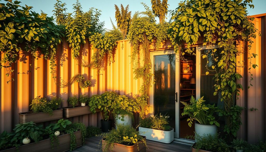A minimalist container home with a beautifully landscaped rooftop garden. The scene is bathed in warm, golden sunlight, casting long shadows across neatly arranged planter boxes and trellises overflowing with lush, verdant foliage. An array of vibrant vegetables, herbs, and trailing vines cascade down the walls, maximizing the available vertical space. The overall composition emphasizes efficiency and a harmonious integration of living and growing spaces, reflecting the ethos of sustainable, space-conscious urban gardening. The perspective is slightly elevated, allowing the viewer to appreciate the innovative use of the rooftop as a productive outdoor oasis within the compact confines of the container home. A minimalist container home with a beautifully landscaped rooftop garden. The scene is bathed in warm, golden sunlight, casting long shadows across neatly arranged planter boxes and trellises overflowing with lush, verdant foliage. An array of vibrant vegetables, herbs, and trailing vines cascade down the walls, maximizing the available vertical space. The overall composition emphasizes efficiency and a harmonious integration of living and growing spaces, reflecting the ethos of sustainable, space-conscious urban gardening. The perspective is slightly elevated, allowing the viewer to appreciate the innovative use of the rooftop as a productive outdoor oasis within the compact confines of the container home.