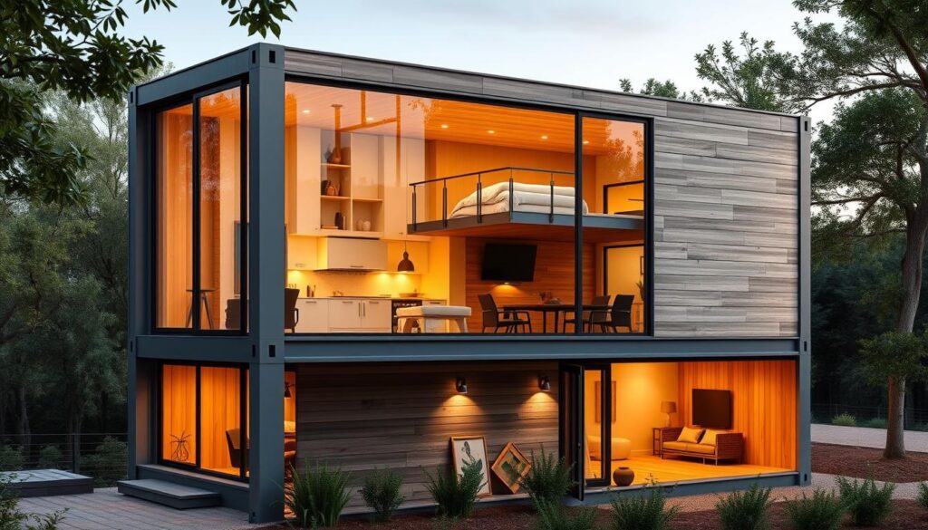 A modern, minimalist container home with a split-level floor plan. The main level features an open-concept kitchen, living, and dining area, bathed in warm, directional lighting from large windows. The upper level houses a tranquil bedroom loft, accessible via a floating staircase. The lower level, partially sunken, contains a home office and media room, separated by a platform divider. The steel-framed structure is clad in sleek weathered wood panels, creating a harmonious interplay of industrial and natural elements. The surrounding landscape is dotted with lush greenery, establishing a serene, nature-inspired ambiance. A modern, minimalist container home with a split-level floor plan. The main level features an open-concept kitchen, living, and dining area, bathed in warm, directional lighting from large windows. The upper level houses a tranquil bedroom loft, accessible via a floating staircase. The lower level, partially sunken, contains a home office and media room, separated by a platform divider. The steel-framed structure is clad in sleek weathered wood panels, creating a harmonious interplay of industrial and natural elements. The surrounding landscape is dotted with lush greenery, establishing a serene, nature-inspired ambiance.