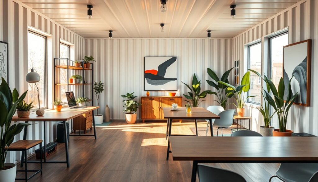 A modern, stylish container office with an abundance of natural light, featuring sleek minimalist furnishings, pops of vibrant color, and a harmonious blend of industrial and organic elements. The space is bathed in soft, warm lighting from large windows, creating a cozy, inviting atmosphere. Minimalist desks and shelving units made of wood and metal contrast with lush, verdant potted plants, adding a touch of nature. Geometric patterns and abstract art adorn the walls, complementing the clean, contemporary design. The overall aesthetic is a seamless fusion of functionality and aesthetic appeal, presenting a truly unique and inspiring work environment. A modern, stylish container office with an abundance of natural light, featuring sleek minimalist furnishings, pops of vibrant color, and a harmonious blend of industrial and organic elements. The space is bathed in soft, warm lighting from large windows, creating a cozy, inviting atmosphere. Minimalist desks and shelving units made of wood and metal contrast with lush, verdant potted plants, adding a touch of nature. Geometric patterns and abstract art adorn the walls, complementing the clean, contemporary design. The overall aesthetic is a seamless fusion of functionality and aesthetic appeal, presenting a truly unique and inspiring work environment.