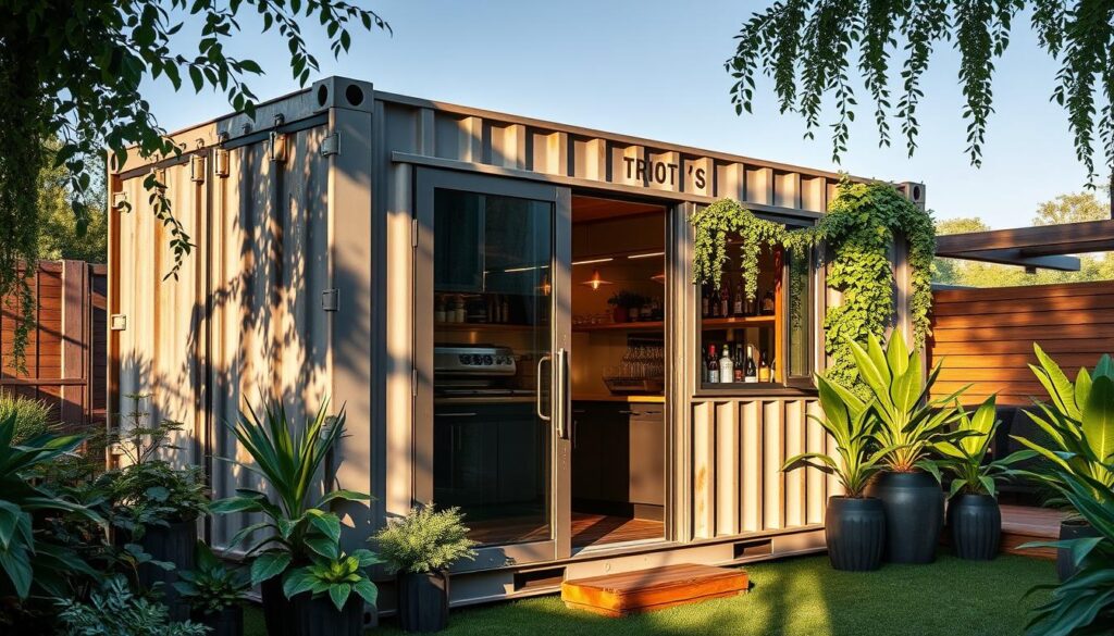 A modern, well-designed shipping container repurposed as an outdoor bar, standing in a lush, verdant garden. Soft, natural lighting illuminates the weathered steel exterior, its bold, geometric silhouette casting dramatic shadows. The container's facade features large, industrial-style windows and a sleek, sliding door leading to the cozy interior. Lush potted plants and hanging vines adorn the surrounding space, creating a serene, inviting atmosphere. The scene evokes a sense of rustic sophistication, blending industrial chic with a touch of nature. A modern, well-designed shipping container repurposed as an outdoor bar, standing in a lush, verdant garden. Soft, natural lighting illuminates the weathered steel exterior, its bold, geometric silhouette casting dramatic shadows. The container's facade features large, industrial-style windows and a sleek, sliding door leading to the cozy interior. Lush potted plants and hanging vines adorn the surrounding space, creating a serene, inviting atmosphere. The scene evokes a sense of rustic sophistication, blending industrial chic with a touch of nature.